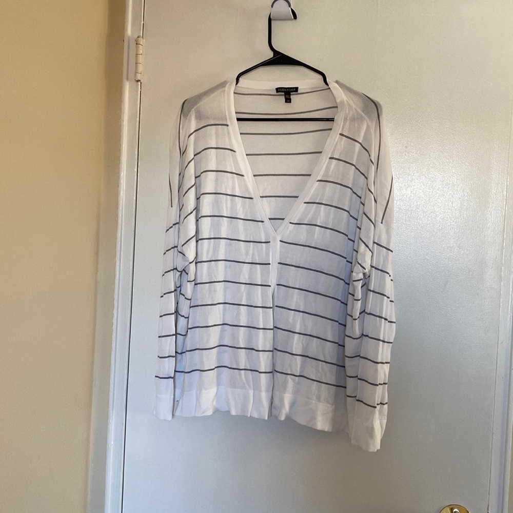 Eileen fisher white and black striped button up cardigan